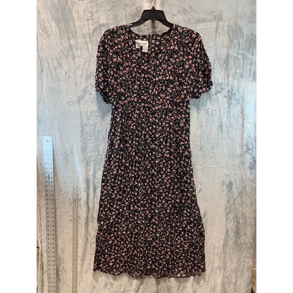 VTG Betsy Lauren Black Pink Ditsy Floral Midi Dress Short Sleeve 14 Trad Wife